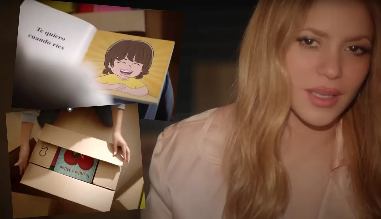 Fotograma del videoclip d’«Acróstico» amb la Shakira i, sobreposades, dues imatges del conte que hi surt: la caixa oberta amb el llibre «Te quiero, Milan» i una pàgina interior amb un nen dibuixat rient