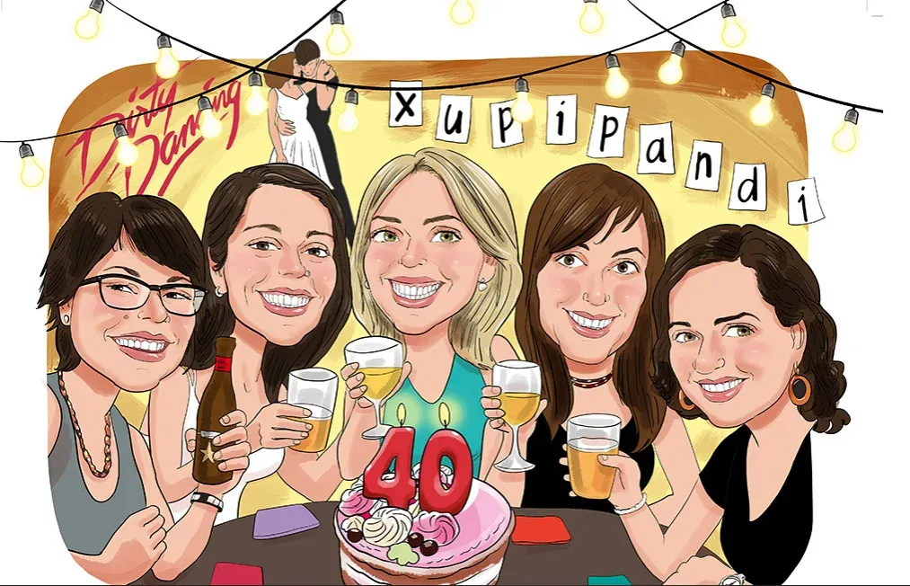 Caricatura por los 40 años con un fondo inspirado en una película